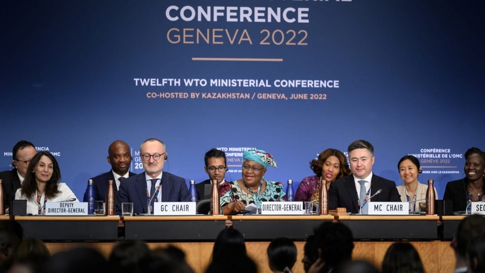 WTO-Chefin Ngozi Okonjo-Iweala am Tisch zwischen anderen WTO-Vertretern