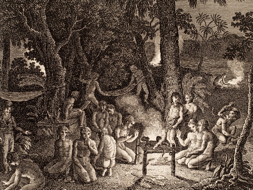 Auf dem Kupferstich ist eine Nacht am Orinoco dargestellt. Nackte Menschen sitzen um ein Feuer am Ufer des Orinoco.