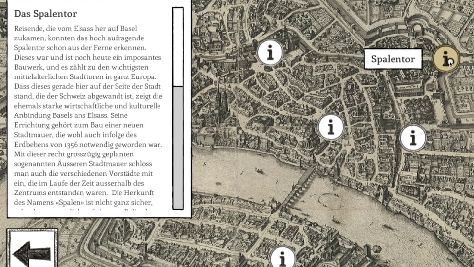 Screenshot des Spiel: Eine historische Karte von Basel samt einer Textbox mit vielen Informationen zum Spalentor.