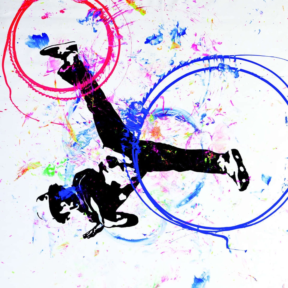 Ein Bild mit einem schwarzen Breakdancer und farbigen Kreisen.