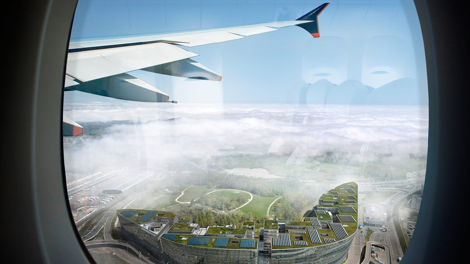 Visualisierung: Blick aus dem Flugzeug auf die Gebäude von The Circle