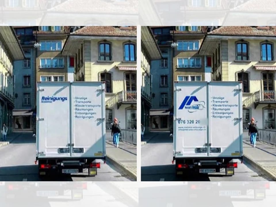 Zwei identische Aufnahmen einer Situation auf der Strasse, mit unterschiedlicher Lastwagen-Beschriftung