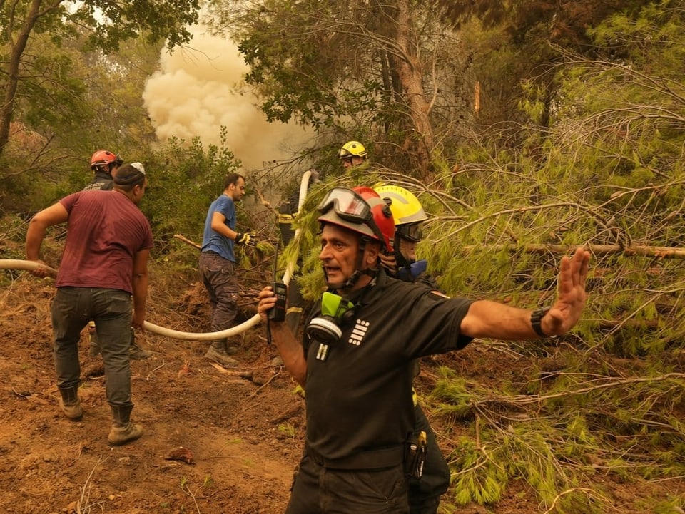 Männer beim Löscheinsatz in einem Waldstück. Ein Feuerwehrmann mit Funkgerät gibt Handzeichen.