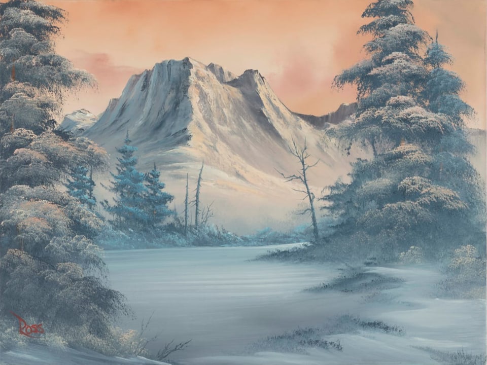 Gemälde mit verschneiter Berglandschaft