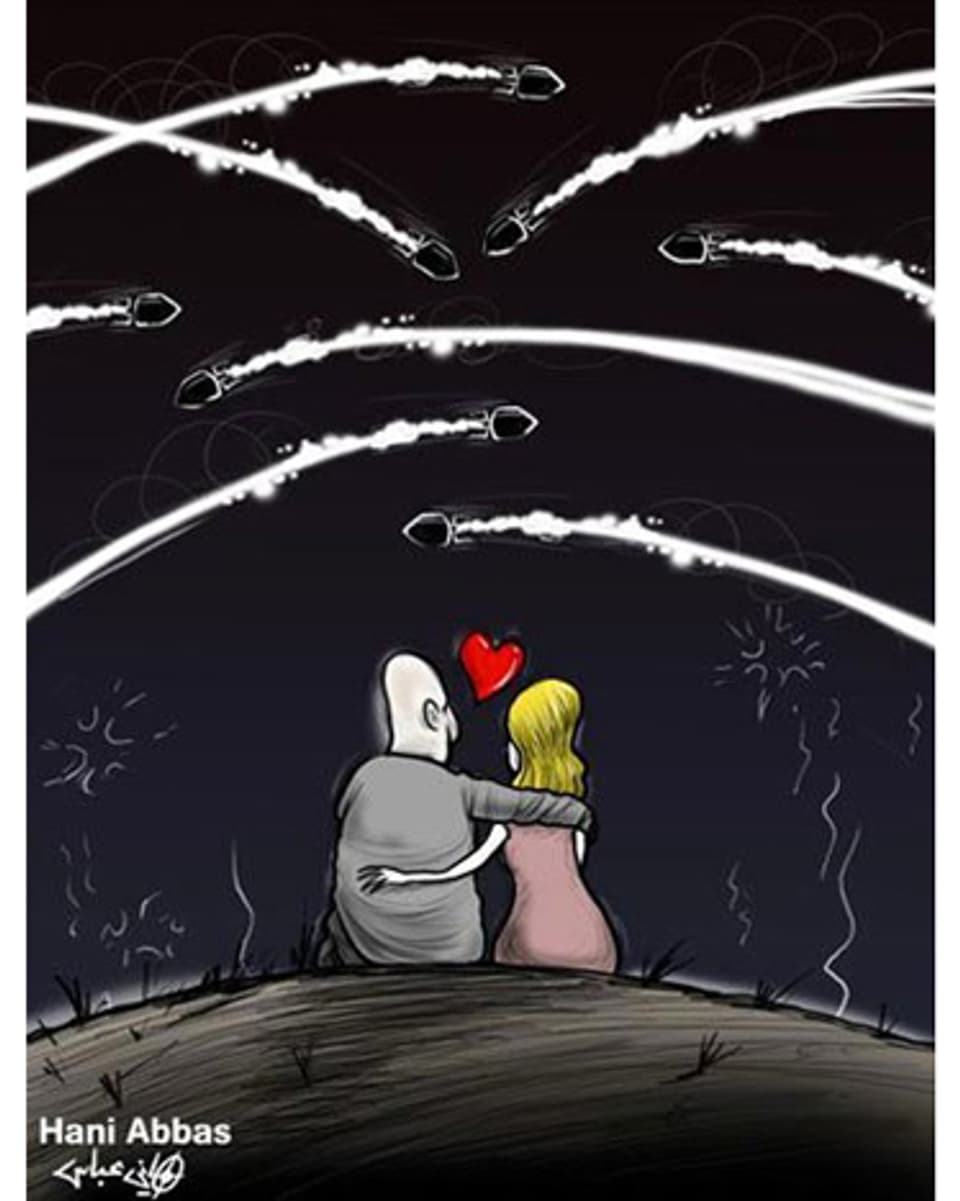 Comic: Ein Paar umarmt sich vor einem Nachthimmel. Darüber fliegen Bomben als wären es Sternschnuppen.
