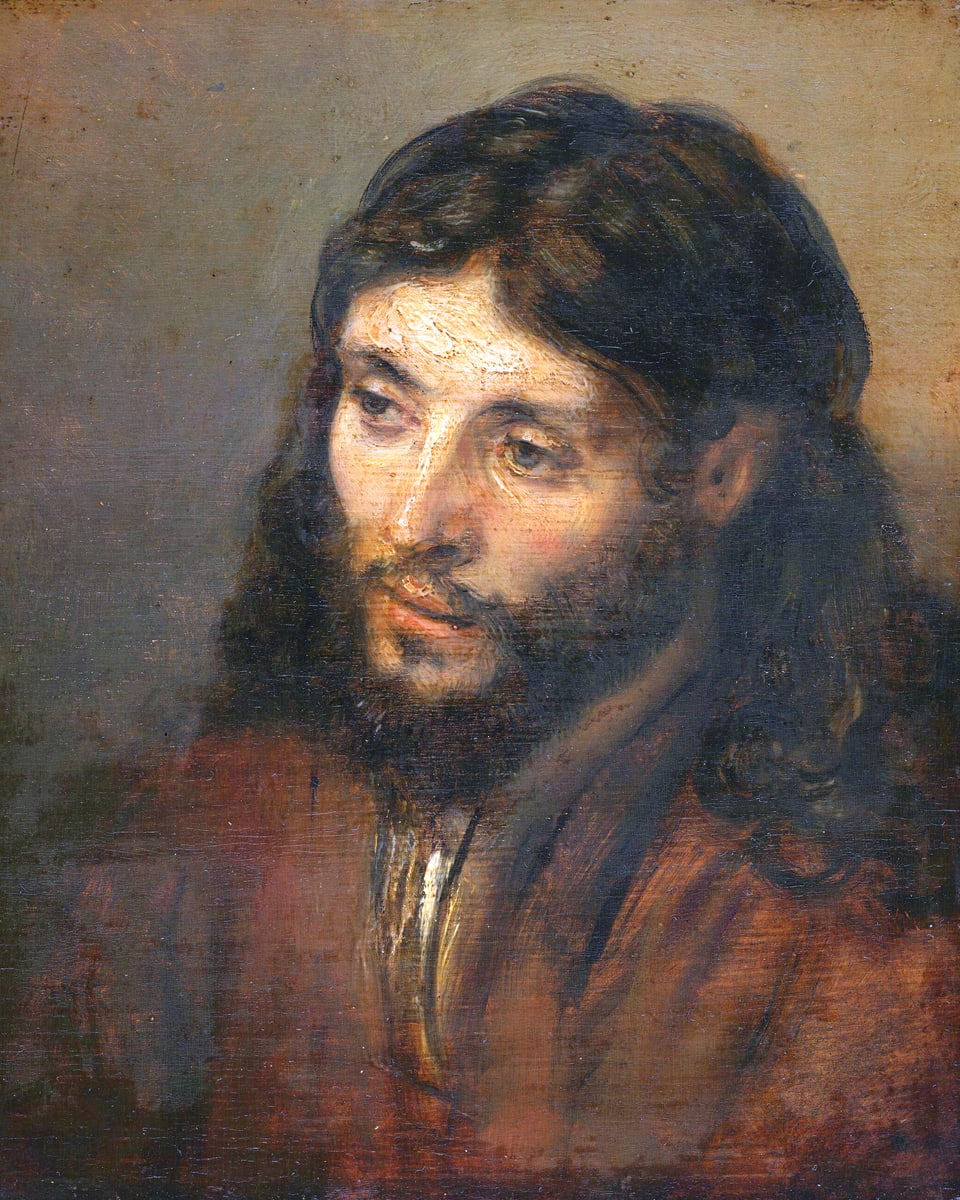 Das gemalte Porträt eines bärtigen Mannes mit längeren Haaren, der abwesend auf die Seite schaut. 