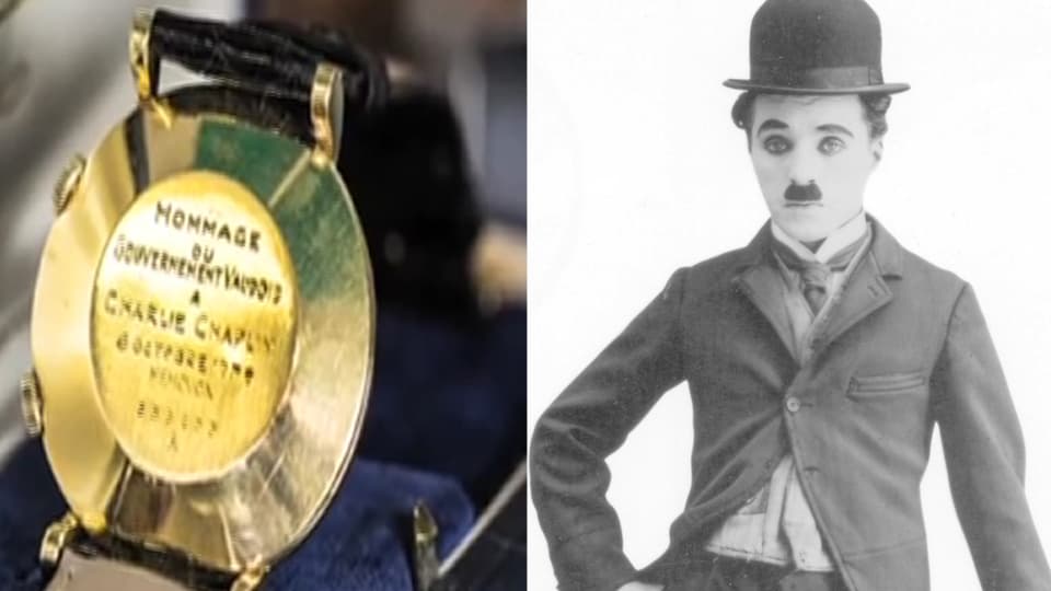Bildmontage zweier Bilder: Auf dem rechten Bild sieht man die goldene Rückseite einer Armbanduhr. Auf der rechten Seite ist Charlie Chaplin zu sehen.
