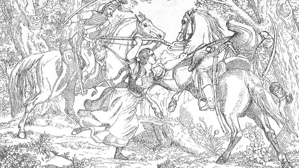 Zeichnung: Frau mit Heugabel kämpft gegen Reiter