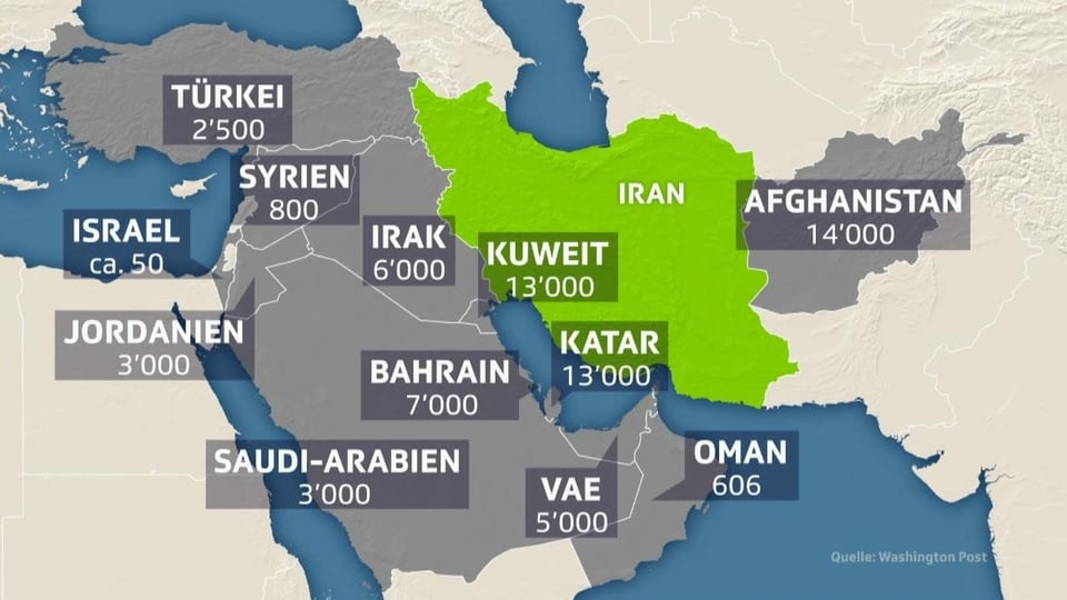 Karte des Nahen Ostens mit den Truppenstärken nach Ländern.