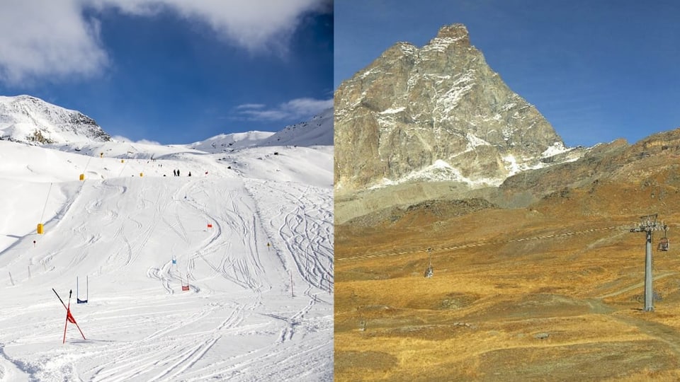 Gegenübergestellte Fotos von einer verschneiten und schneefreien Skipiste 
