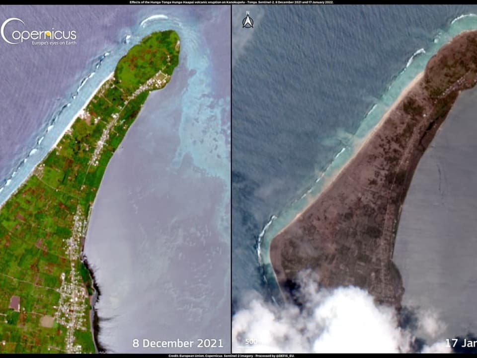 Zwei Satellitenbilder zeigen eine Landzunge. Eine vor und eine nach dem Ausbruch