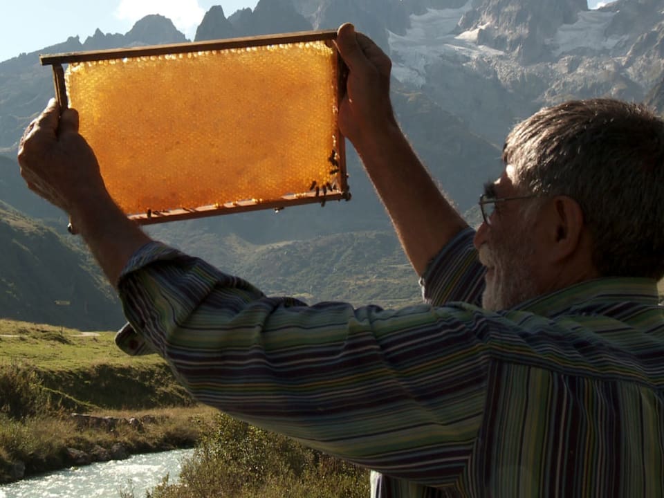 Filmstill: Ein Mann in den Bergen hält Bienenwaben gegen das Licht.