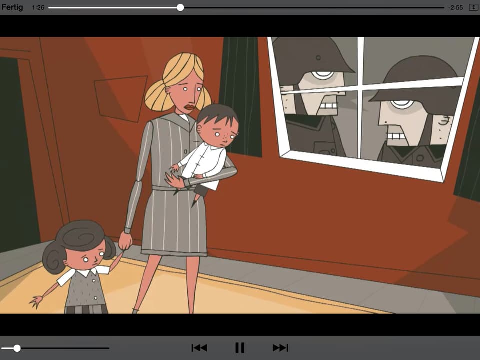 Ein Screenshot einer Animatino zeigt Ruth Rogoff mit ihren zwei Kindern, Nazi-Soldaten vor dem Fenster.