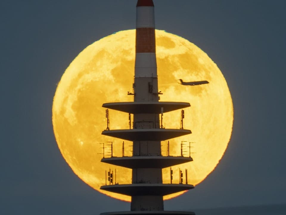 Ein Flugzeug fliegt vor den Mond der voll und gelb ist. 
