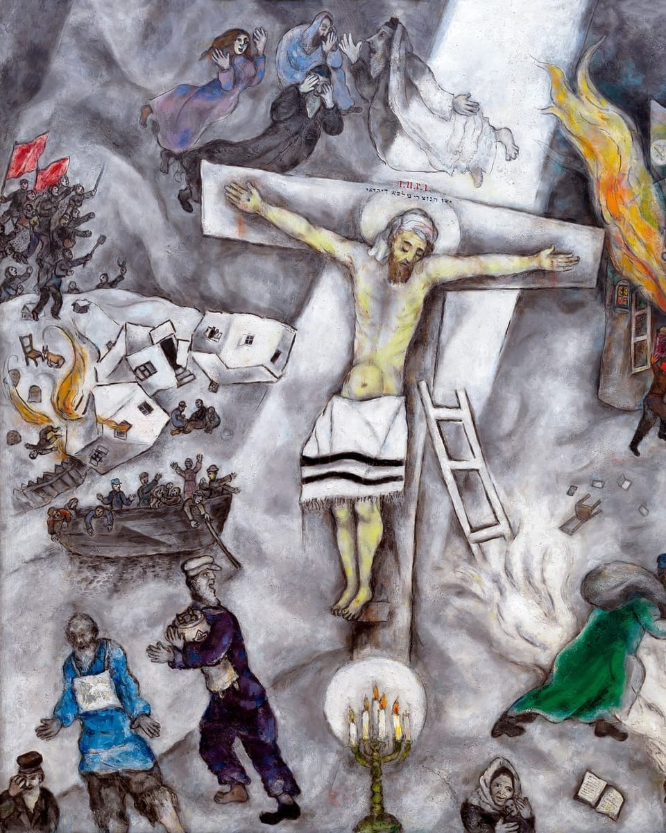 Gemälde von Jesus mit der Darstellung eines Pogroms.