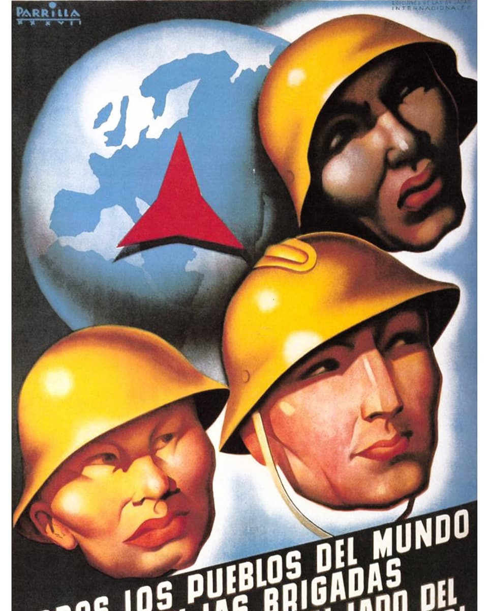 Farbiges Poster mit drei Köpfen mit gelbem Helm, einer dunkelhäutig, einer asiatisch, einer weiss, mit Weltkugel