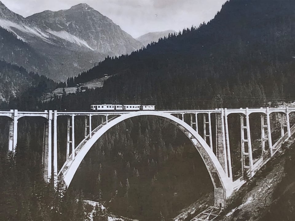 Eine Eisenbahn fährt über eine Brücke.