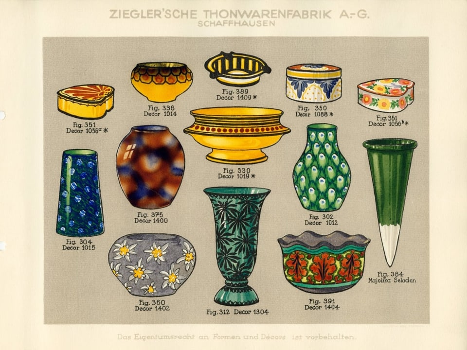 Aquarellierter Katalog mit einem dutzend bunter Vasen in verschiedensten Farben, Formen und Mustern.