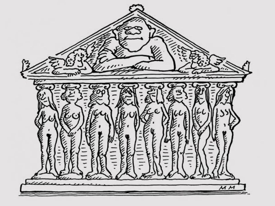 Ein antiker Tempel: Nackte Frauen tragen das Dach, in dessen Giebel ein Mann zu sehen ist, der die Arme verschränkt.