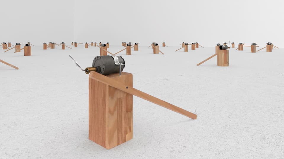 Zimoun macht Kunst: Motoren bewegen eine Holzleiste. Diese erzeugt einen Klang - jedesmal wenn sie am Boden auftrifft. 