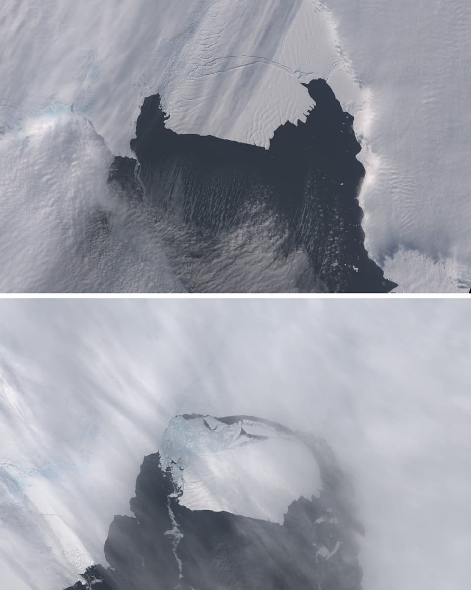 Foto zeigt den Eisberg vor und nach der Loslösung vom Gletscher.