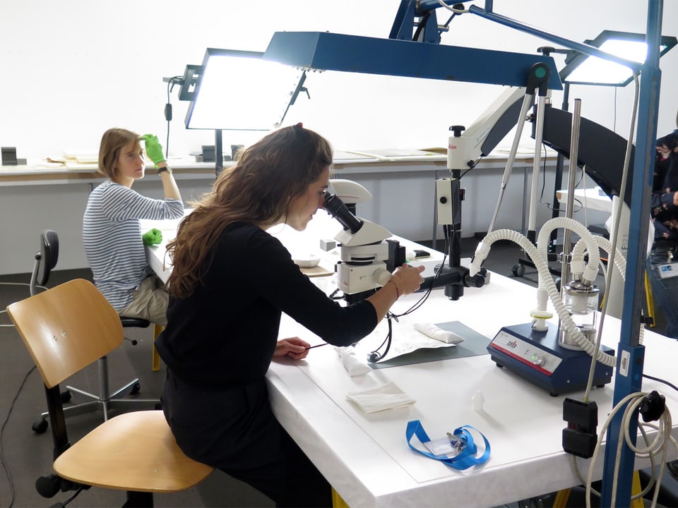 Frau an Mikroskop, betrachtet ein Kunstwerk mit Restaurationsbedarf.