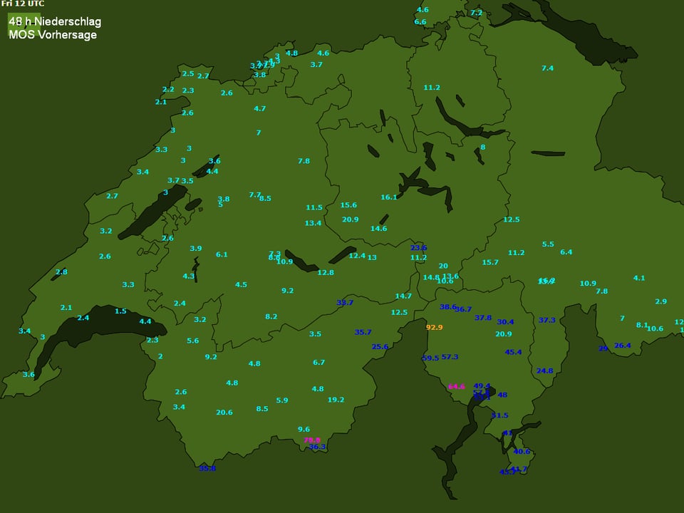 Auf einer Schweizkarte ist die voraussichtliche Niederschlagssumme als Zahl für Schweizer Orte eingetragen (48 Stundensumme bis Freitagmittag).