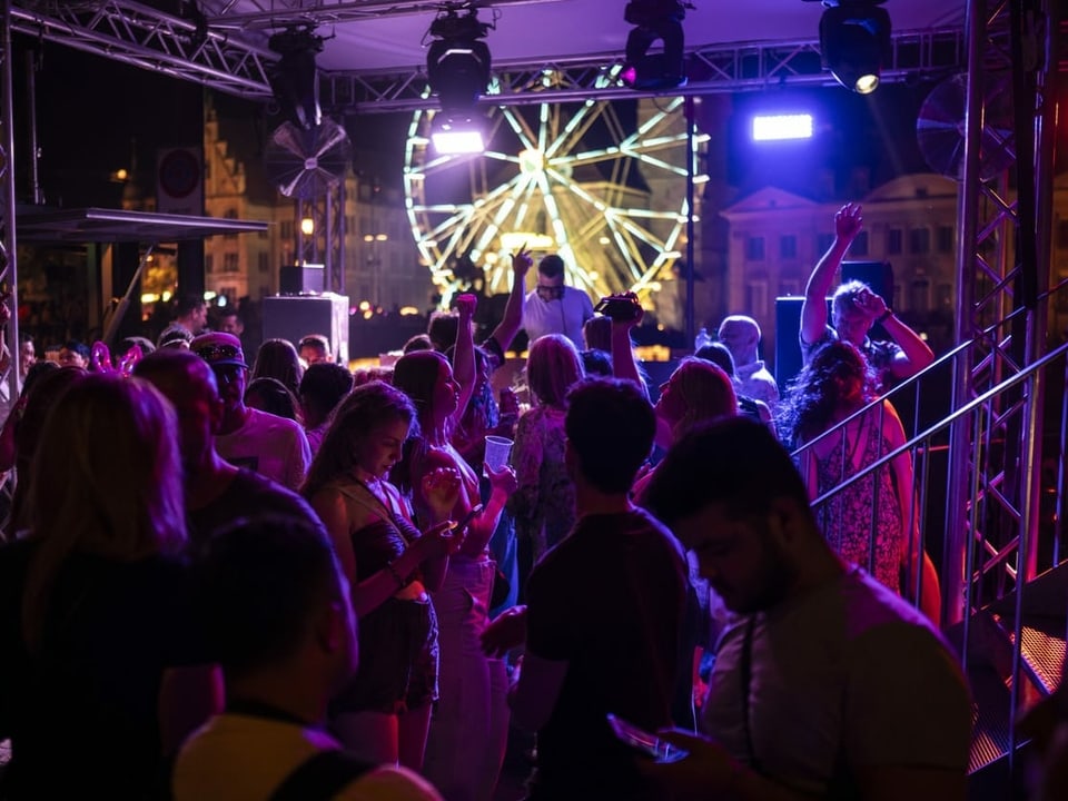 Menschen tanzen vor einem DJ. Im Hintergrund ein beleuchtetes Riesenrad. 