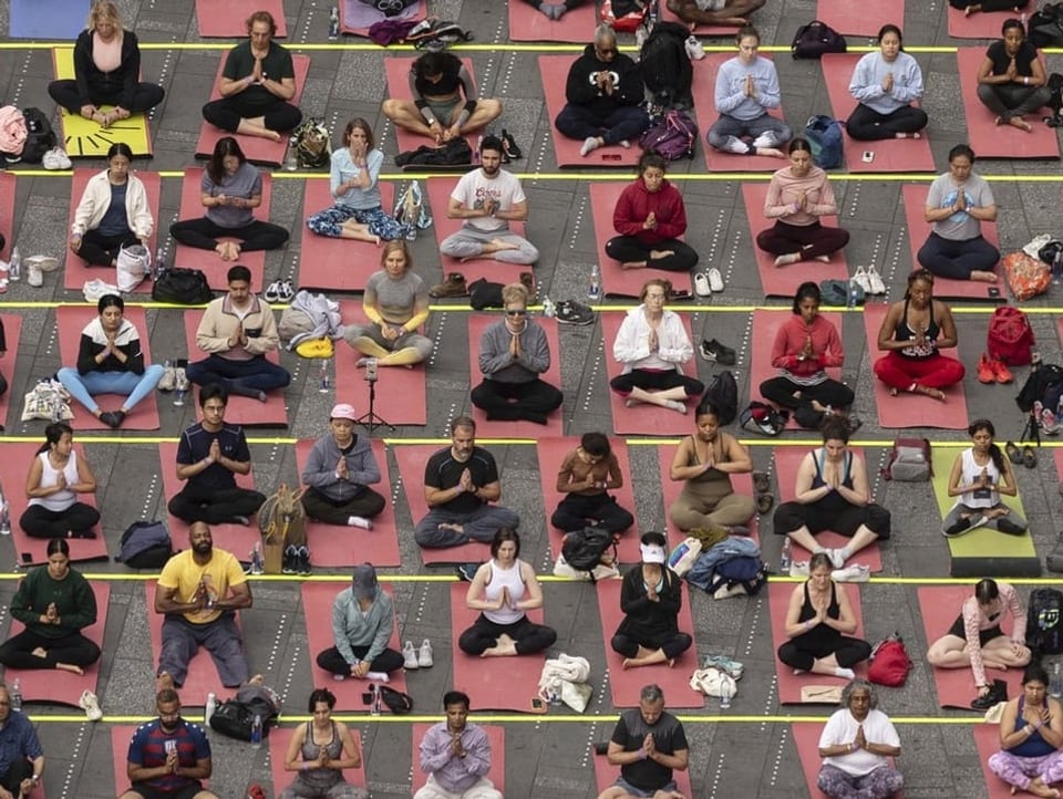 Duzende Menschen, aufgereiht, praktizieren Yoga. 