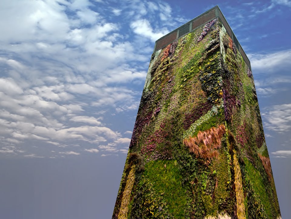 Fotomontage eines Siloturms mit vertikaler Bepflanzung.