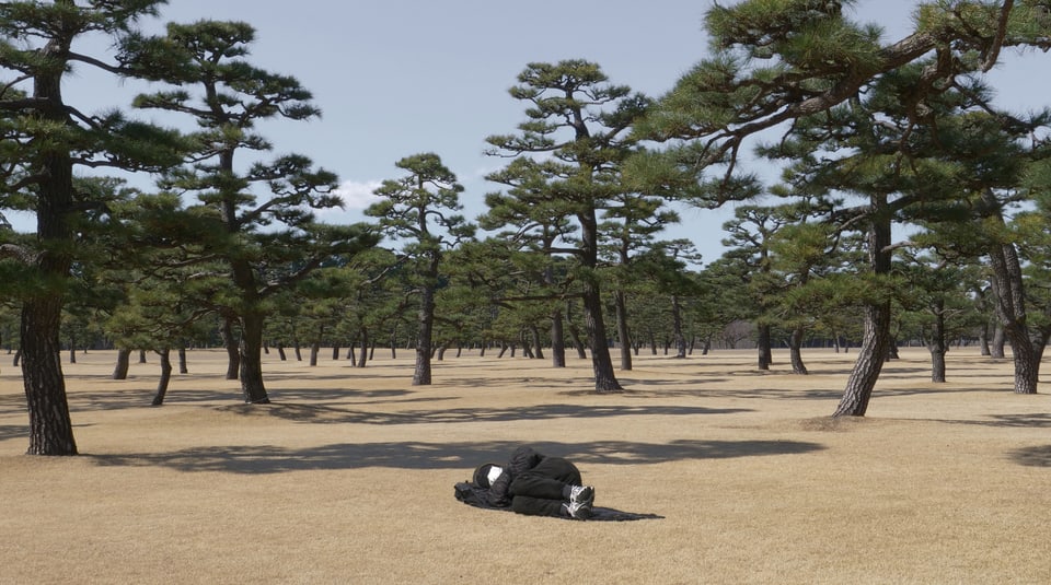 Filmszene: Ein Mann liegt zusammengekauert am Boden zwischen Bäumen