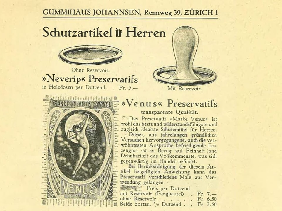 Werbung für Kondome aus einem Prospekt Anfangs des 20. Jahrhunderts.