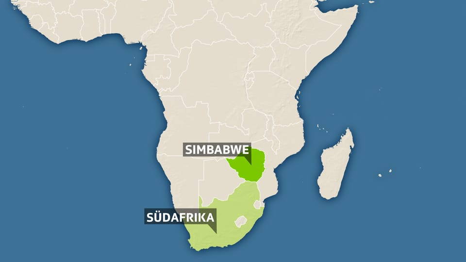 Karte vom Süden Afrikas, eingezeichnet Simbabwe und Südafrika.