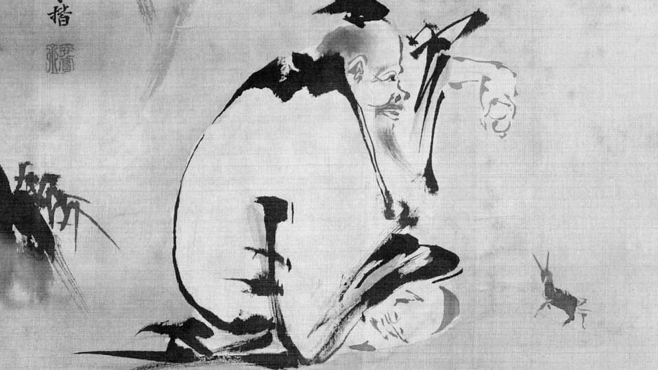 Schwarz-Weiss-Zeichnung eines knieenden alten Mannes