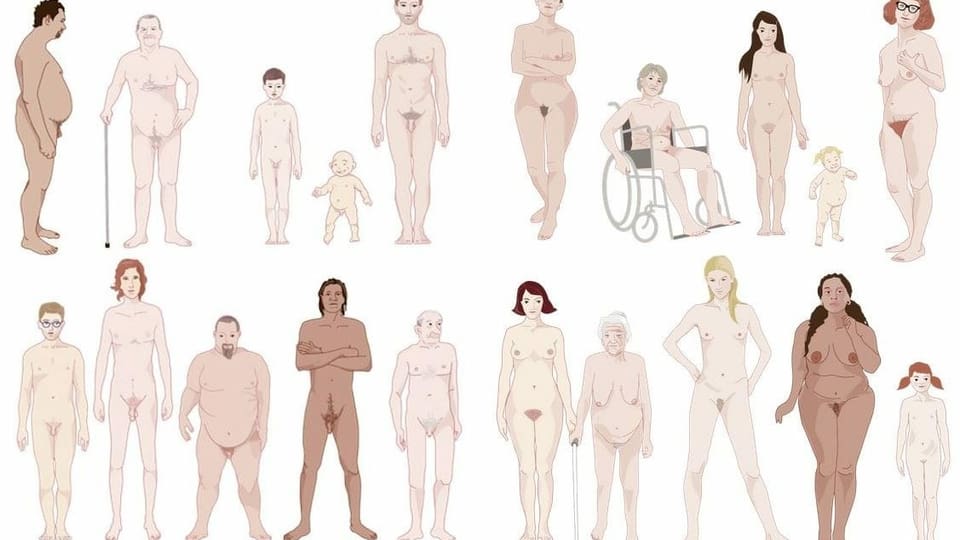 Zeichnung von verschiedenen Männer- und Frauenkörpern