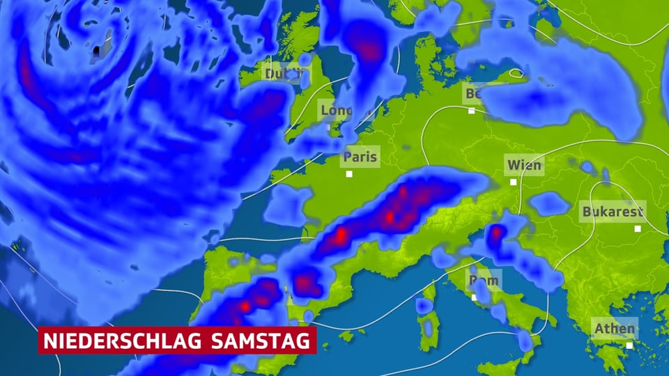 Regengebiete am Sonntag über Europa, von Spanien bis  zu den Alpen wird es sehr nass.