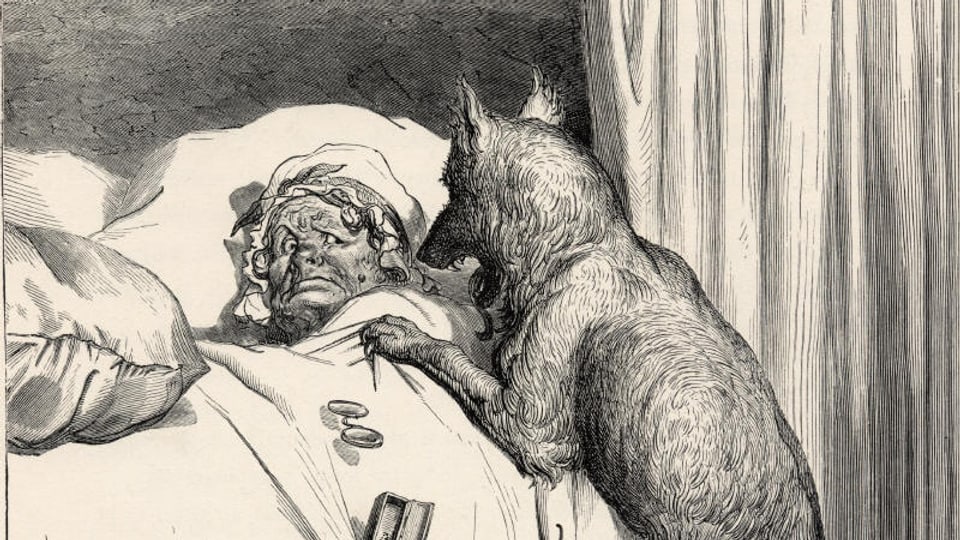 Zeichung zum Märchen "Rotkäppchen". Der gierige Wolf beugt sich über die kranke bettlägrige Grossmutter, um sie zu verschlingen.