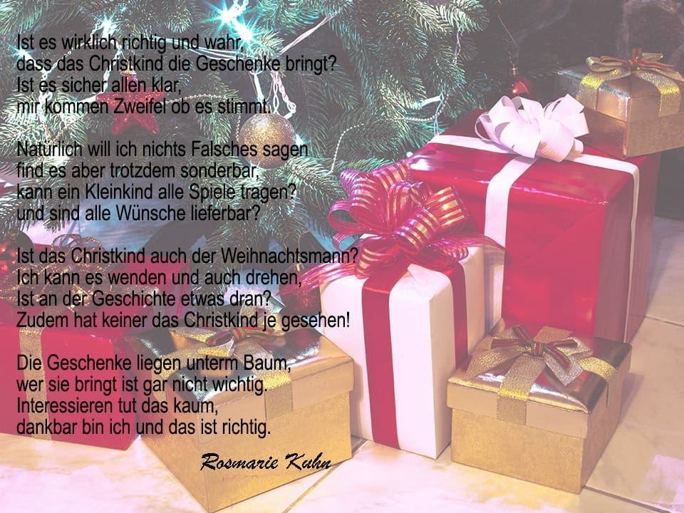 Ein Gedicht auf einem Bild mit Weihnachtsgeschenken.