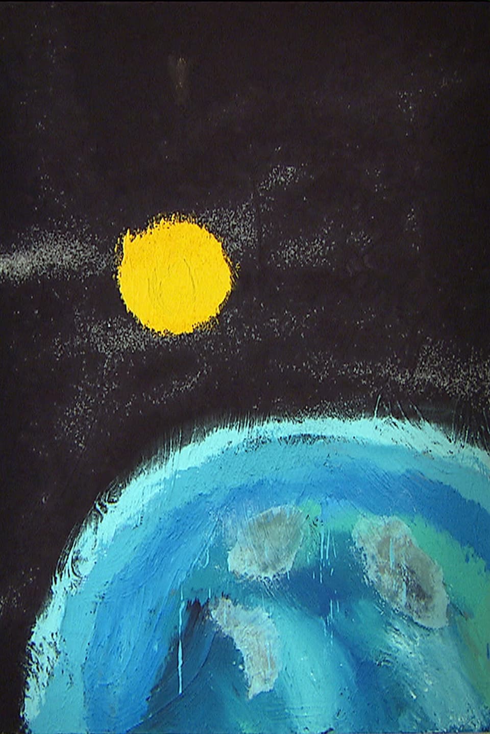Ein gemaltes Bild: eine blaue grosse Kugel und eine kleinere gelbe vor schwarzem Hintergrund.ö