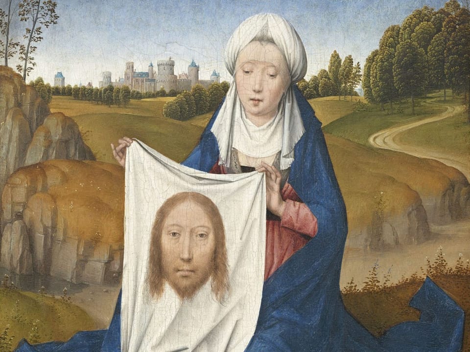 Eine Frau hält auf einem Gemälde ein Tuch mit Jesu Gesicht drauf.