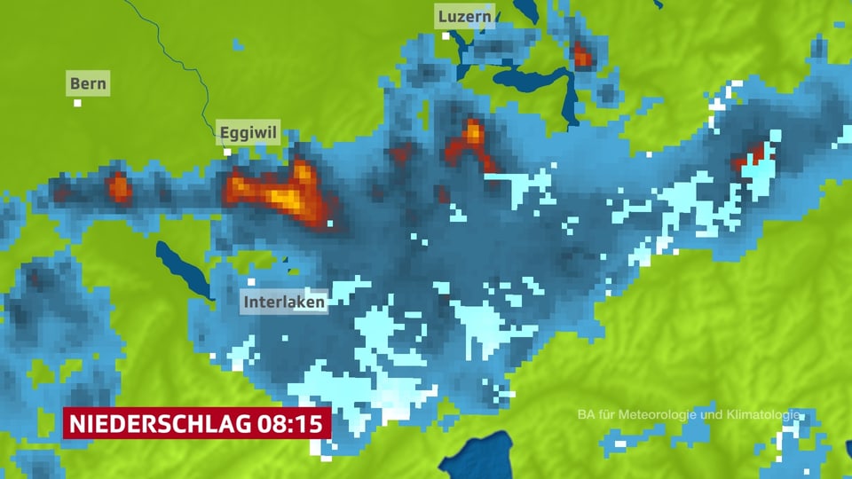 Das Bild zeigt einen Ausschnitt des Radarbildes über dem Emmental. Die Aufnahme stammt von heute Morgen 8.15. Rund um Eggiwil war der Regen zu diesem Zeitpunkt besonders stark.