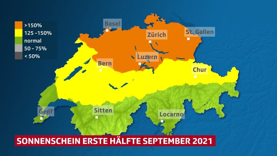 Karte der Schweiz auf der zu sehen ist, dass wir im Nordosten über 150 % der üblichen Sonnenscheindauer hatten.