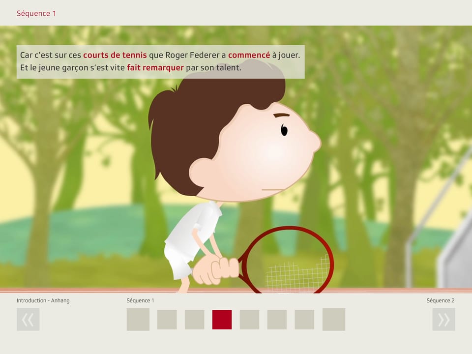 Ein animierter jugendlicher Roger Federer beim Tennisspiel.