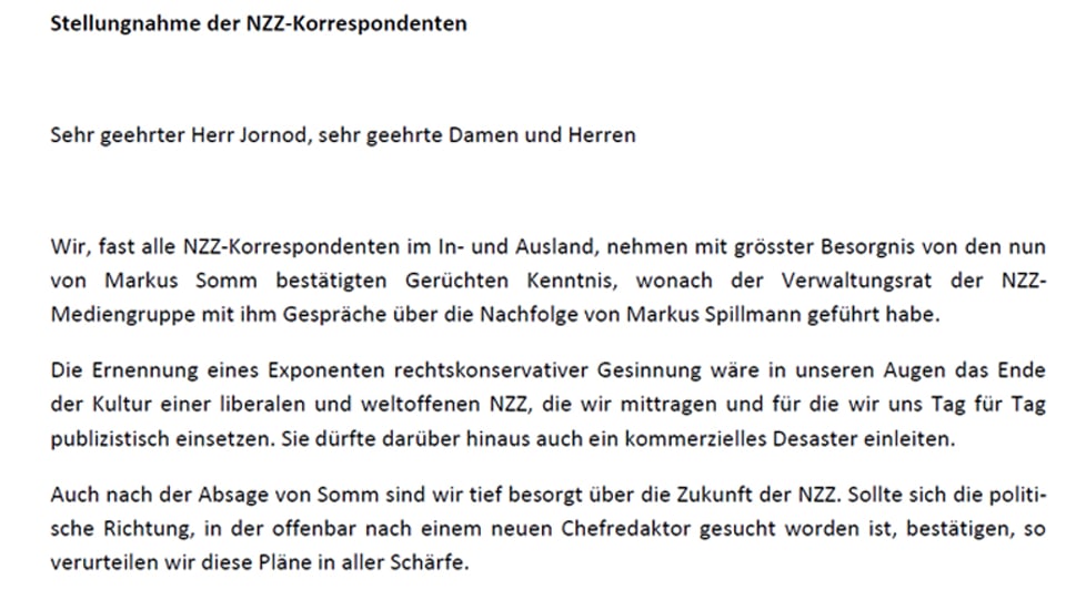 Schweiz - Besorgte NZZ-Korrespondenten schreiben an den Verwaltungsrat ...