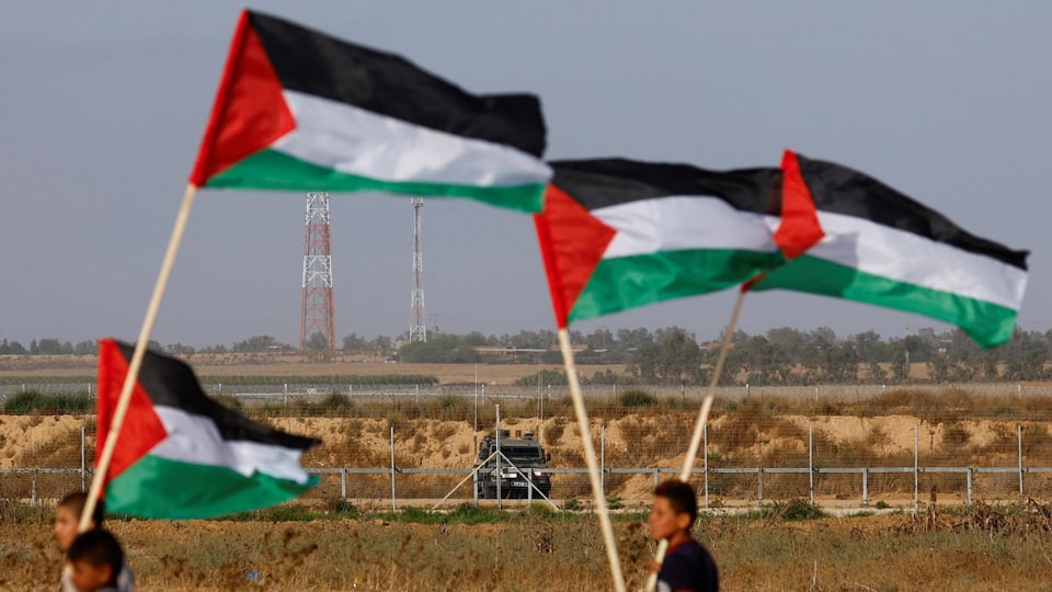 Palästinensische Flaggen wehen im Wind mit ländlicher Landschaft im Hintergrund.