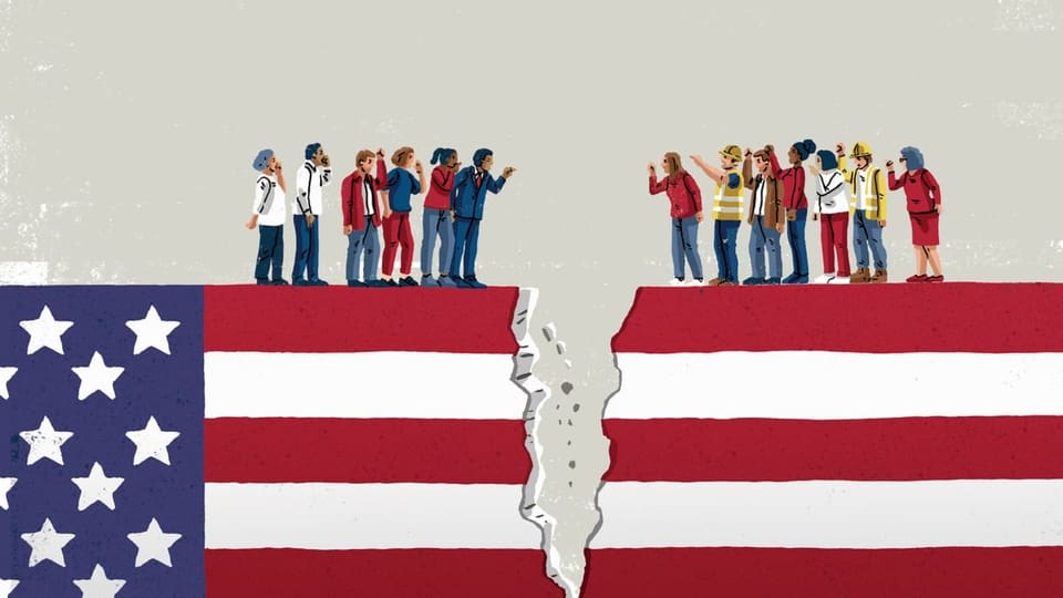 Illustration. Zwei Menschengruppen auf US-Flagge, zwischen ihnen eine Kluft in der Flagge.