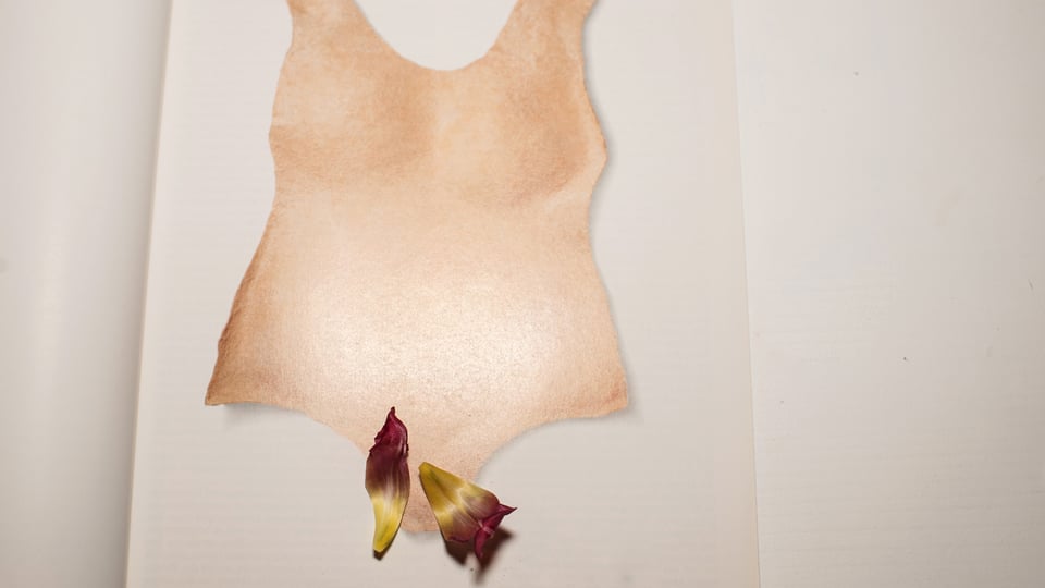 Ein Body aus hautfarbenem Stoff über dem zwei Blätter liegen.