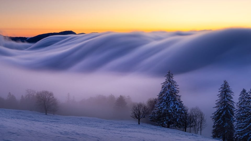 Nebel fliesst über Hügel ins Tal in der farbigen Morgendämmerung