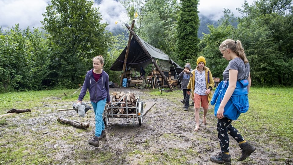 Mädchen sammeln Holz