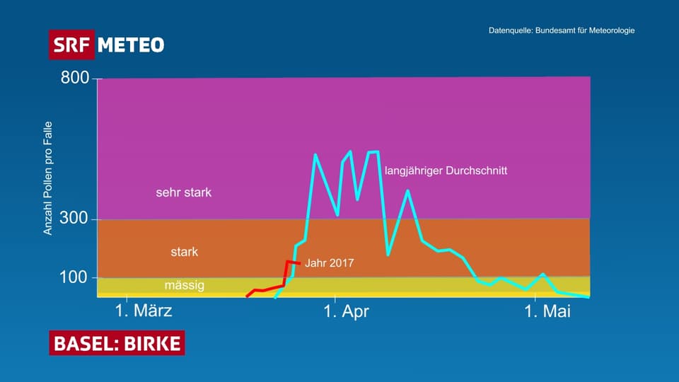 In einer Grafik ist die Belastung von Birkenpollen über die Frühlingsmonate dargestellt.